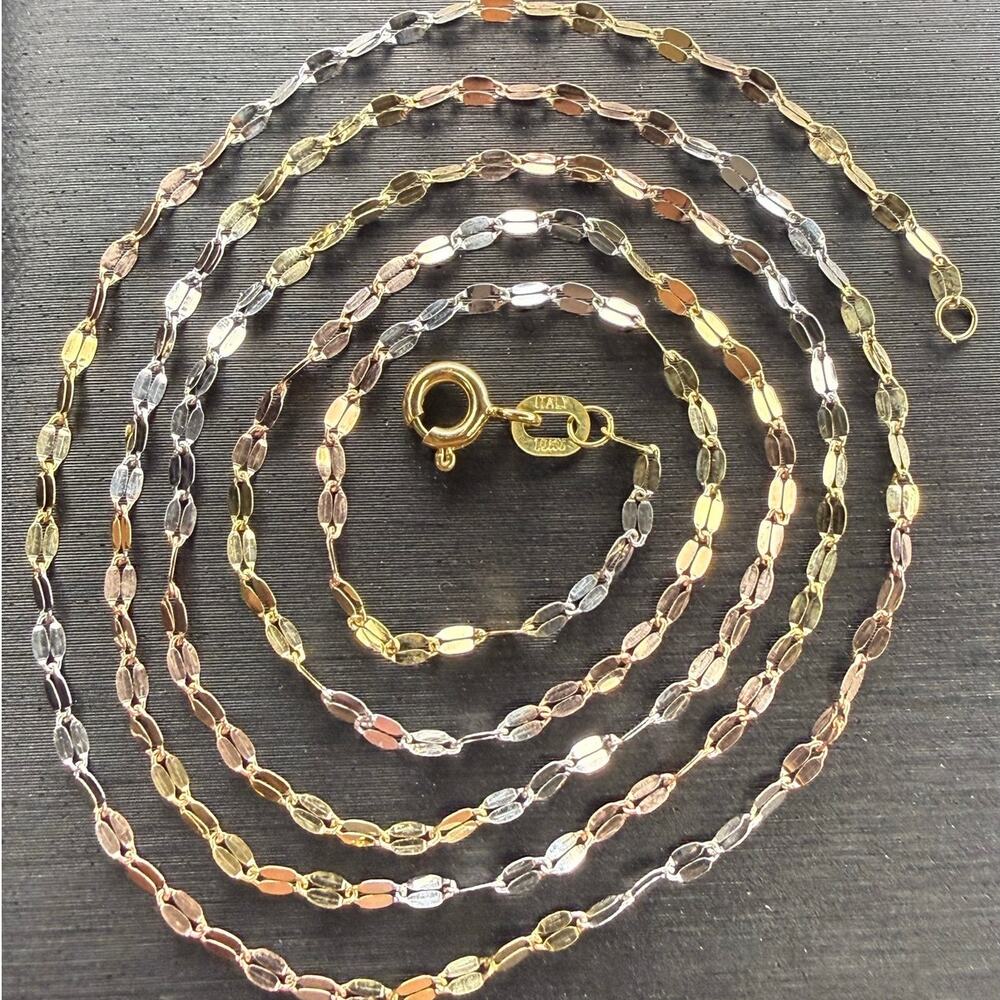 Solid 10k White Rose Yellow Gold Mirror Link Chain Necklace 24” Long 2mm Wide